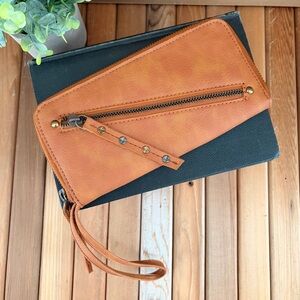 Free People Vegan Leather Wristlet Wallet Cognac Stud Detail Zip NWOT